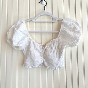 Altar'd State White Smocked Puff Sleeve Crop Top Sweetheart Neckline - Size S